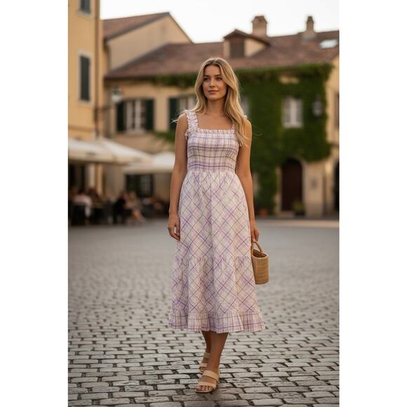 Boston Proper Dresses & Skirts - Boston Proper Dress Size Medium Womens Maxi Smocked Plaid Purple Cottagecore